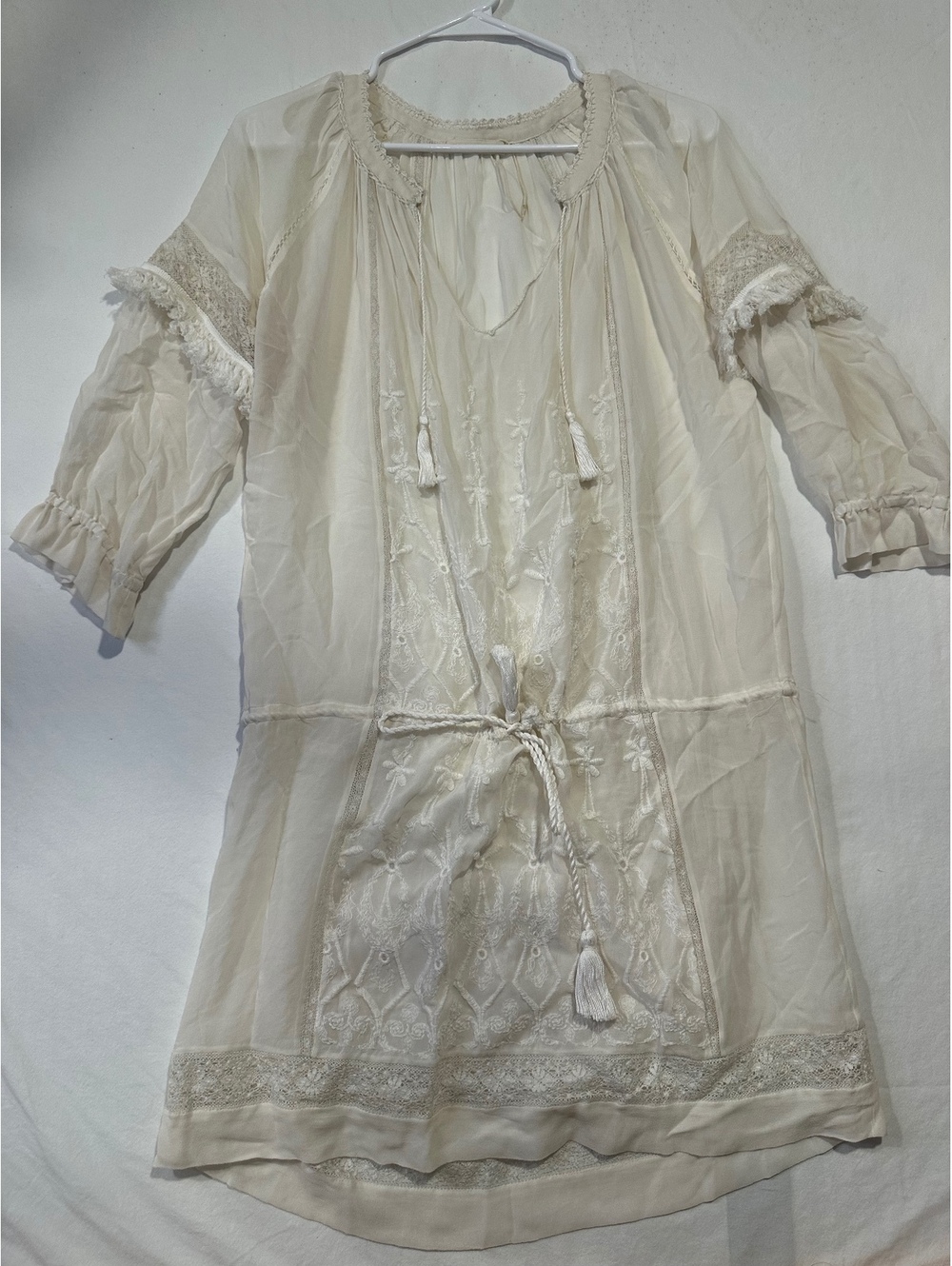 Ulla Johnson White Embroidered Lace Trim Boho Tunic Mini Dress Tassel, NWOT